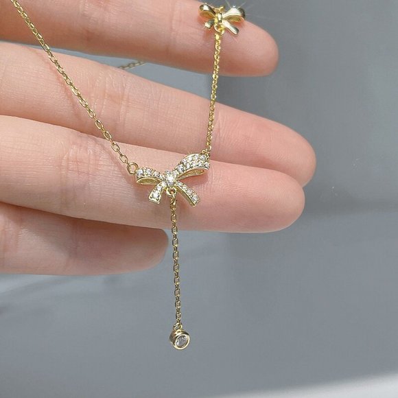 NEW Silver Gold Copper Zircon Bow Knot Tassel Necklace - Picture 9 of 9